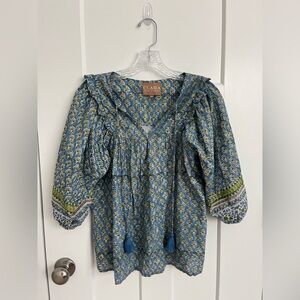 Clara The Label Blue Floral Block Print Blouse Tassel Boho Top XS Peasant Gold